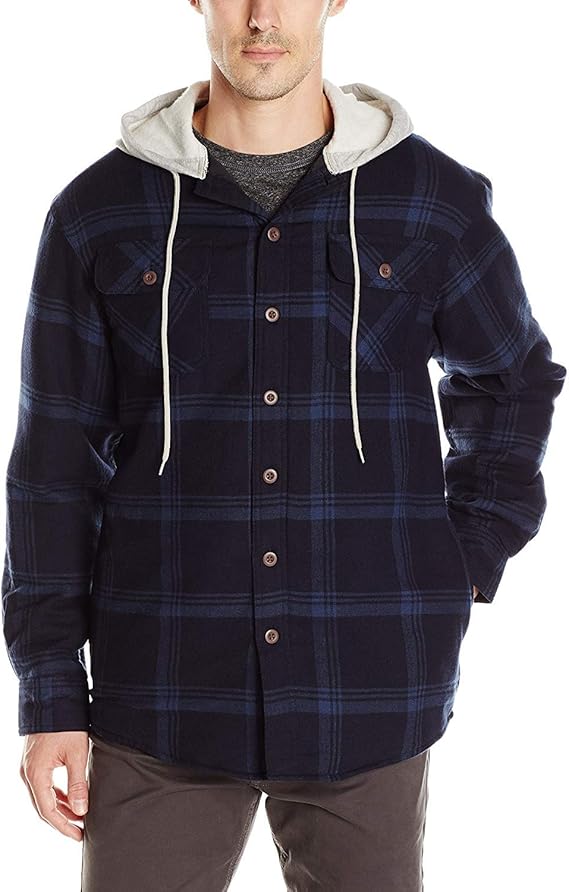 Men's Long Sleeve Quilted Lined Flannel Shirt Jacket with Hood